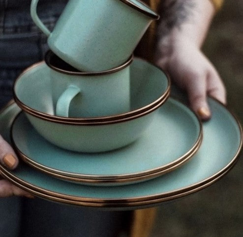 Barebones Living Enamel Deep Plate Set (2 Tone Olive Drab & Mint)